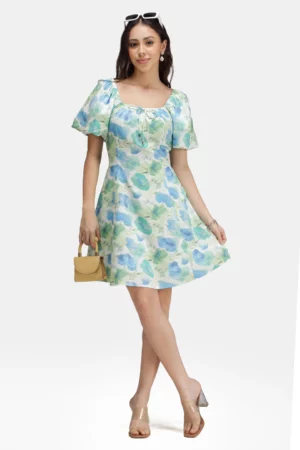 Liquid Bloom Puff-Sleeve Fit & Flare Mini Dress