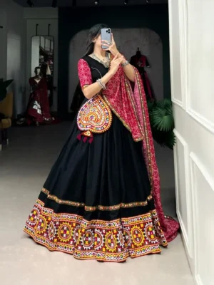 Black Heritage Capital Chaniya Choli with Red Bandhani Dupatta – Kutchi Luxe Edition