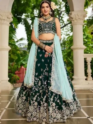Emerald Green Organza Embroidered Lehenga Choli with Sky Blue Dupatta