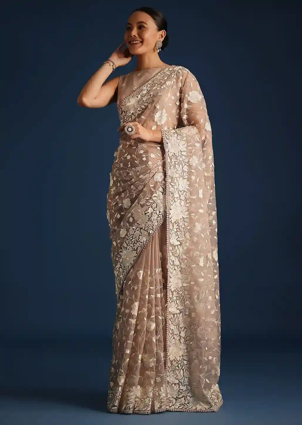 Heritage Yield Beige & Cream Floral Embroidered Saree