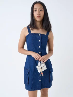 Dark Blue Denim Button-Down Mini Dress with Utility Pockets