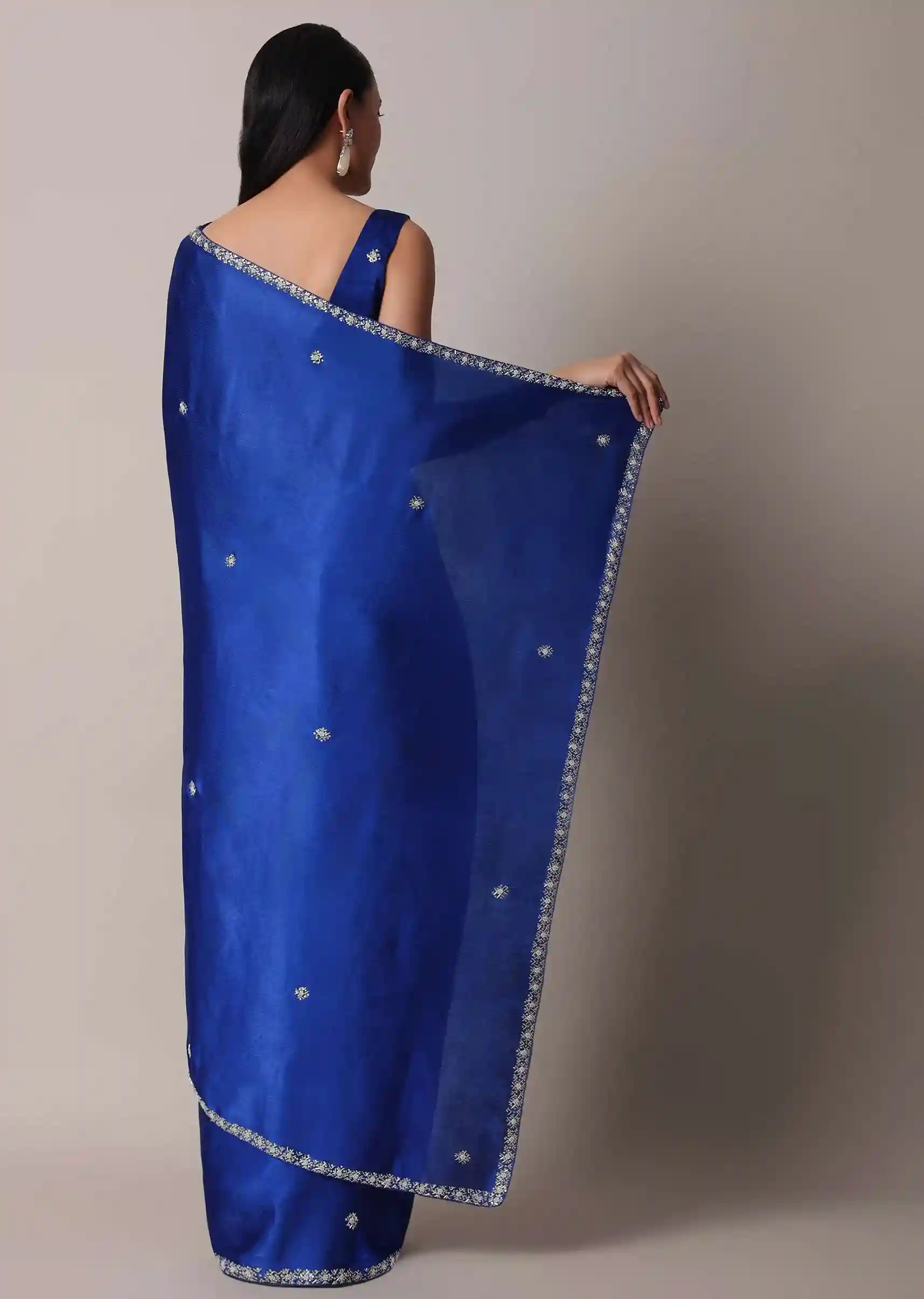 Royal Sapphire Satin Saree with Stone Embellished Border – Luxury Trade Trend Edition - Image 3