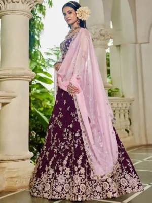 Luxury Burgundy Organza Bridal Lehenga Choli with Baby Pink Dupatta