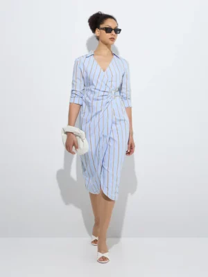Ledger Stripe Ring-Waist Wrap Shirt Dress – Blue