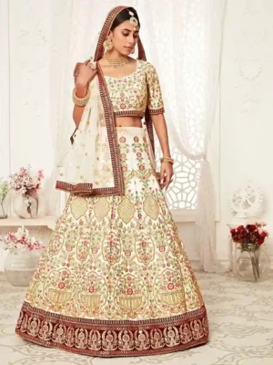 Off-White Embroidered Art Silk Lehenga Choli – A Blend of Grace and Grandeur