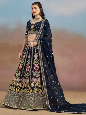 Royal Navy Blue Silk Bridal Lehenga Choli with Multicolor Floral Embroidery