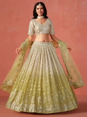 Soft Yellow-Beige Ombre Georgette Lehenga Choli with Mirror & Sequin Embroidery