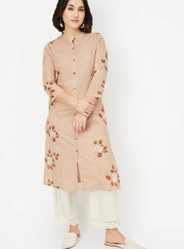 Beige Floral-Patterned Straight Kurta – Subtle Elegance for Everyday Wear