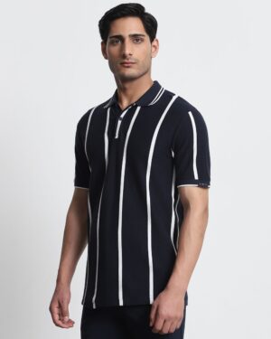 Navy Textured Stripe Slim Fit T-Shirt