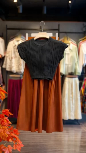 Girls Stylish Co-Ord Set – Ribbed Crop Top with Pleated Skirt