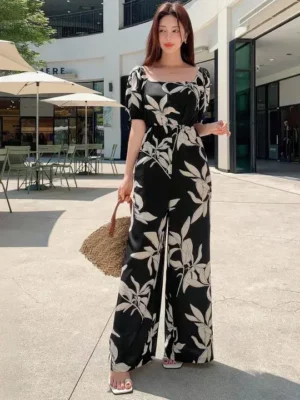 Midnight Leaf Printed Jumpsuit – Effortless Elegance, Modern Comfort