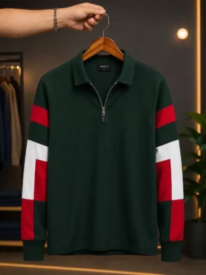 Men’s Stylish Zip Polo T-Shirt – Color Block Full Sleeve Trendy Wear