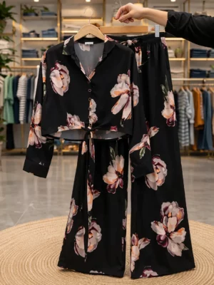 Women’s Floral Co-Ord Set – Crop Top with High-Waist Flared Pants