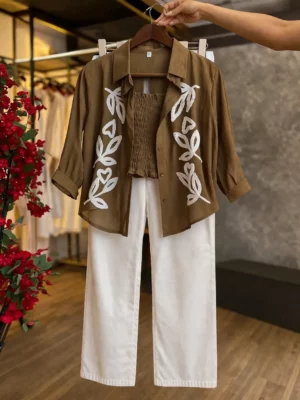 Girls 3-Piece Co-Ord Set – Embroidered Shirt with Crop Top & Pants