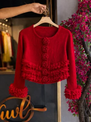 Girls Premium Fur Crop Top – Rose Button Designer Winter Top