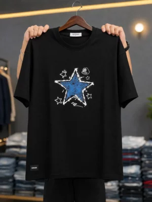 Men’s Trendy Printed T-Shirt – Graphic Star & Denim Print Oversized Tee
