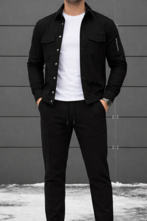 Men’s Modern Casual Set – Black Utility Shirt Jacket with White Tee & Tapered Pants