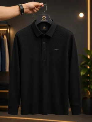 Men’s Designer Black Polo T-Shirt – Full Sleeve Textured Premium Wear