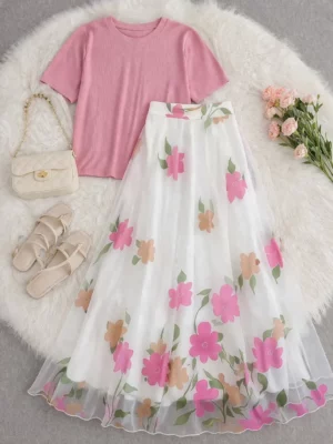 Women’s Floral Skirt Set – Ribbed Top with Printed Flowy Skirt