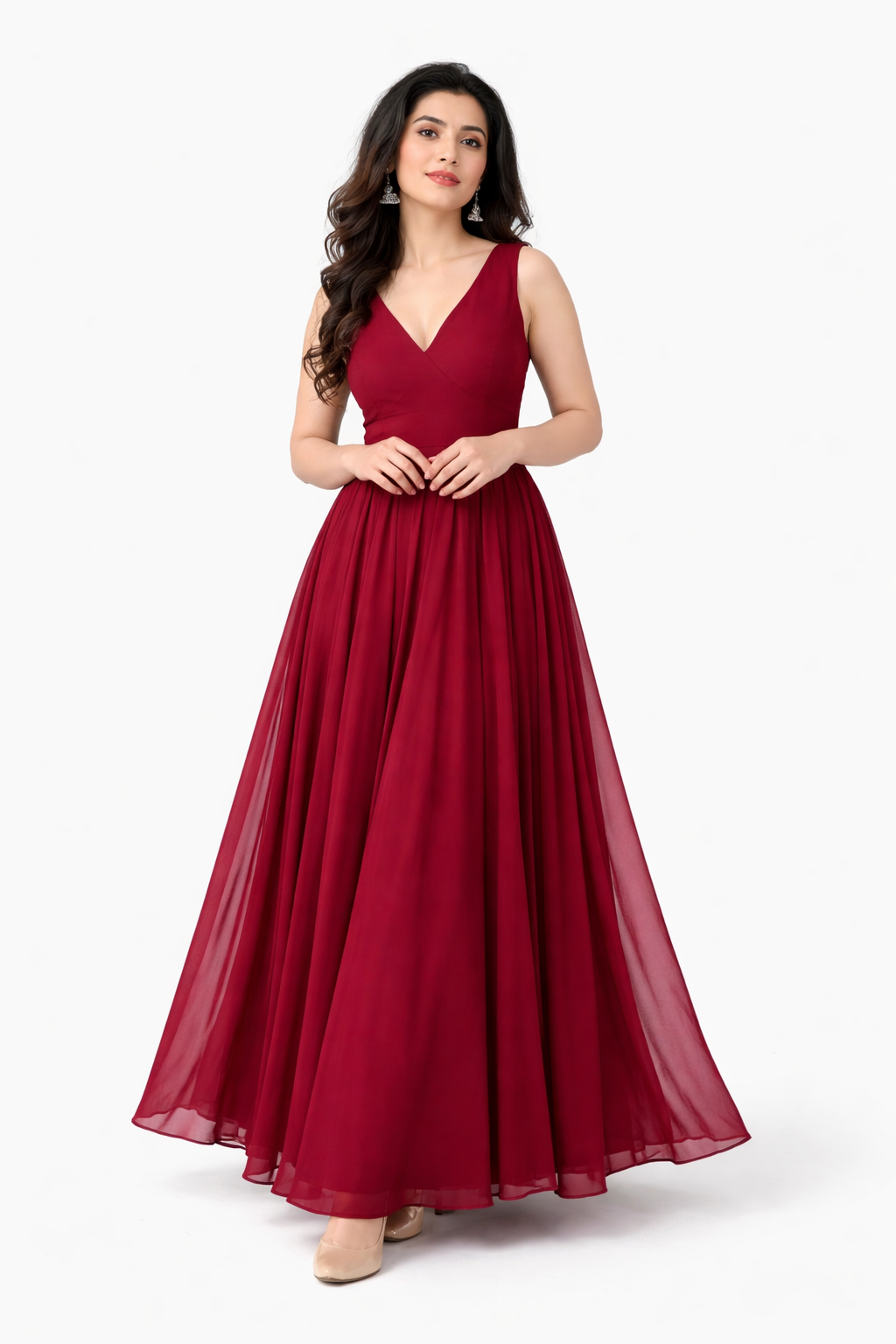 Women’s Elegant Burgundy Gown – Sleeveless V-Neck Flowy Maxi Dress