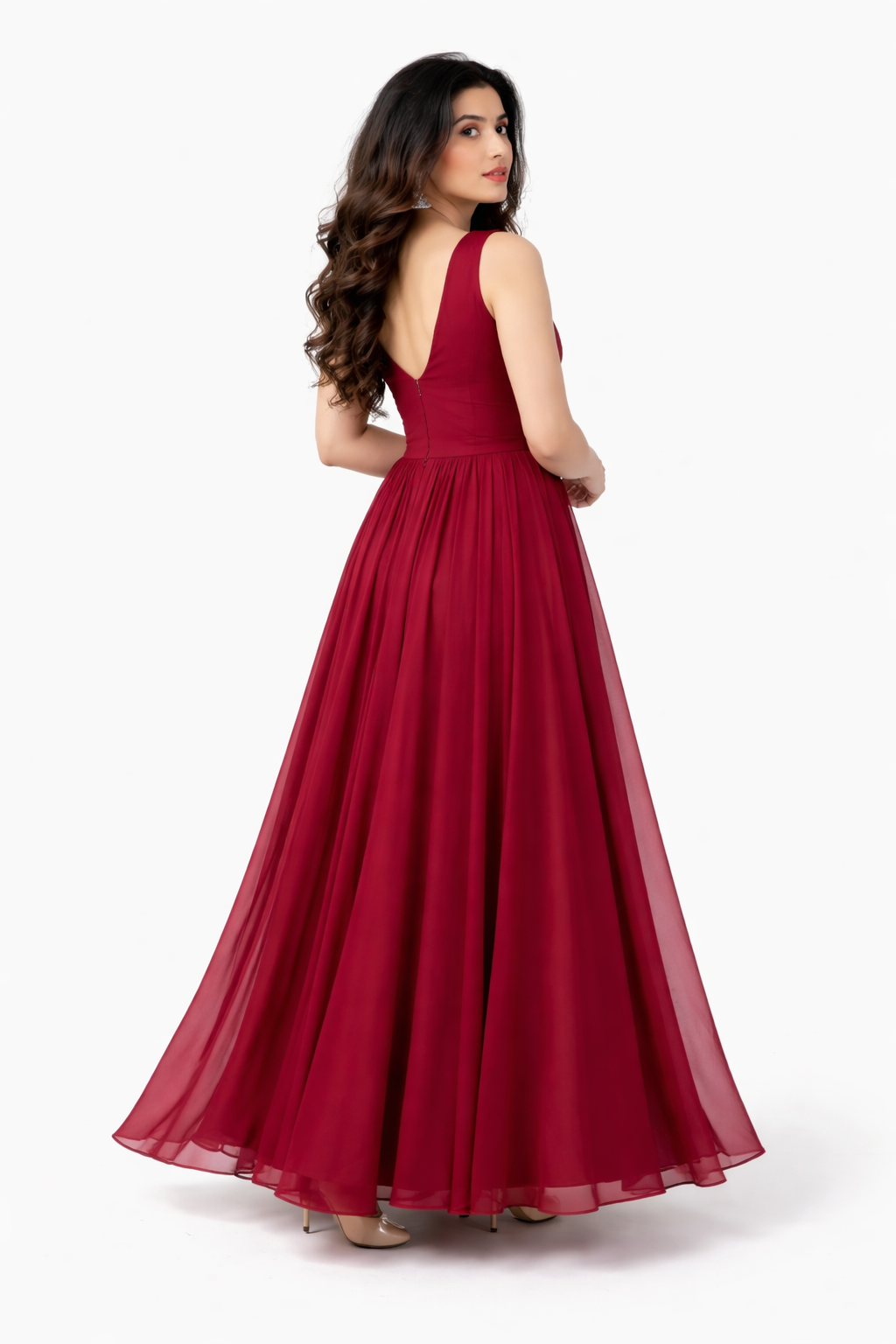 Women’s Elegant Burgundy Gown – Sleeveless V-Neck Flowy Maxi Dress - Image 2