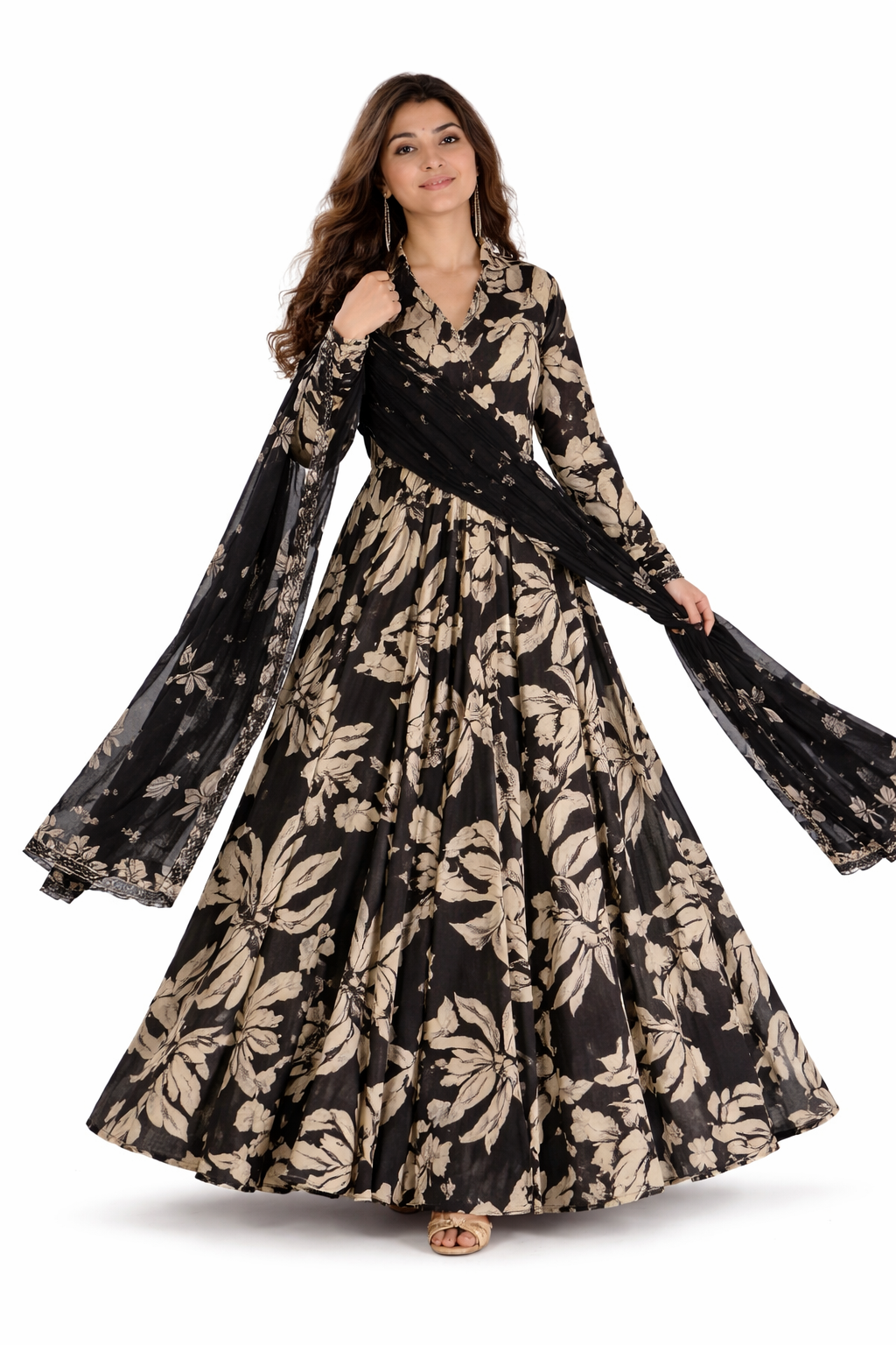 Women’s Black Floral Anarkali Suit Set – Statement Print with Sheer Dupatta