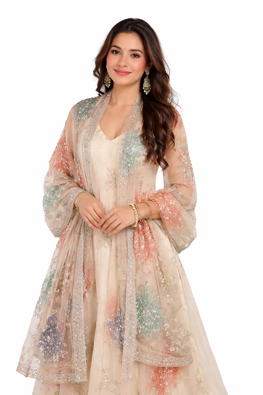 Women’s Embroidered Anarkali Suit Set – Sheer Dupatta with Floral Detailing