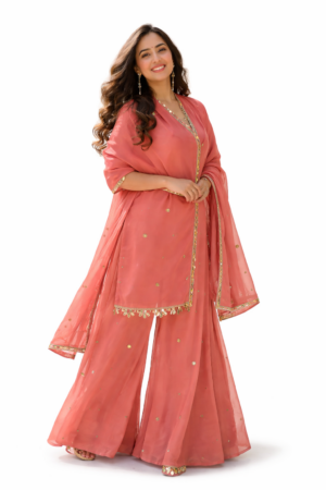 Women’s Peach-Pink Kurta Palazzo Set – Sheer Dupatta with Gold Accents
