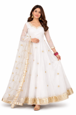 Women’s White Anarkali Suit Set – Gold Embroidered Elegance with Sheer Dupatta