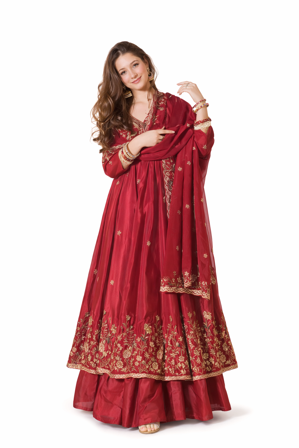 Women’s Maroon Embroidered Anarkali Suit Set – Rich Floral Detailing with Dupatta