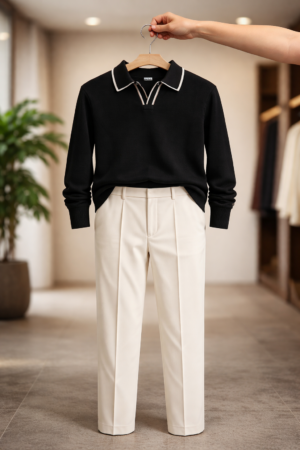 Men’s Premium Smart Casual Outfit – Black Knit Polo & Beige Trouser Look