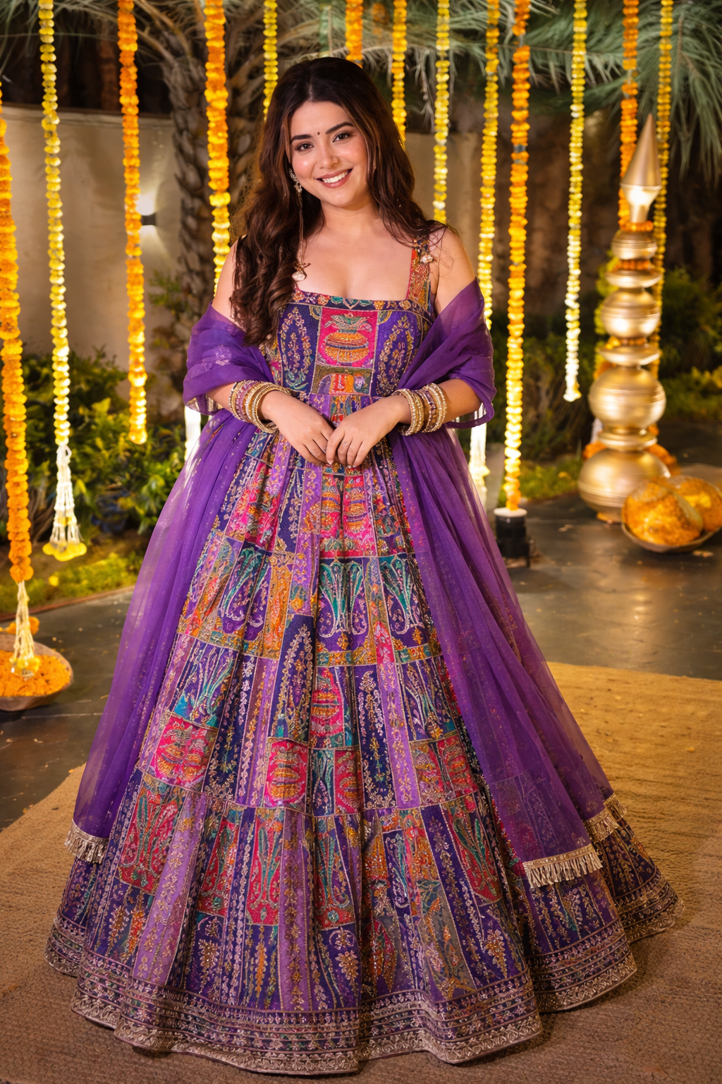 Women’s Multicolor Printed Lehenga Set – Vibrant Patchwork with Sheer Dupatta