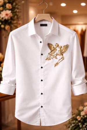 Men’s Premium White Shirt – Gold Skeleton Embroidered Statement Shirt