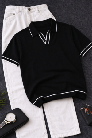 Men’s Black Polo T-Shirt & White Trousers Combo – Minimal Smart Casual Look
