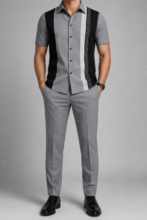 Men’s Two-Tone Casual Co-Ord Set – Modern Striped Shirt with Trousers