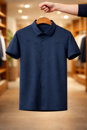 Men’s Navy Blue Casual Button Shirt – Minimal Bird Embroidery