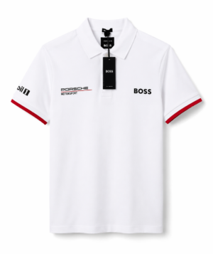 Men’s Premium White Polo T-Shirt – Porsche Motorsport Style with BOSS Branding
