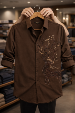 Men’s Designer Shirt – Artistic Deer Embroidered Casual Shirt