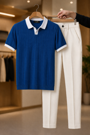 Men’s Smart Casual Set – Ribbed Polo T-Shirt with Tailored Pants